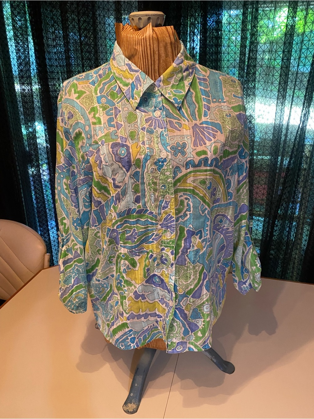 Alfred Dunner Paisley Button-Up Blouse in Blue, Green & Yellow